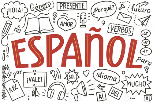 Espanol. Spanish hand drawn language doodle and lettering on white background.