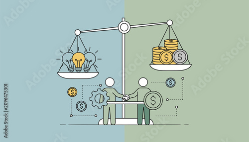 Concept of business value balance showing creative ideas and monetary capital perfectly equal on a scales of justice.