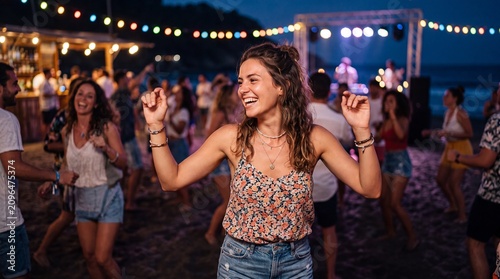 Woman dancing at a summer beach party at night with string lights and live music