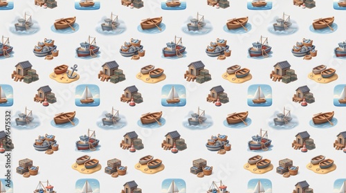 Seamless nautical pattern with fishing boats rowboats anchors buoys and beach huts
