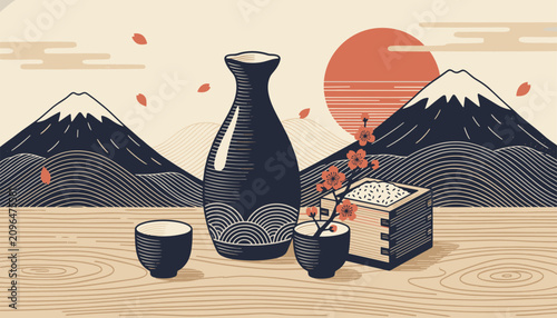 Beautiful traditional Japanese composition featuring sake bottle and cups, wooden rice box, cherry blossoms, and Mount Fuji.