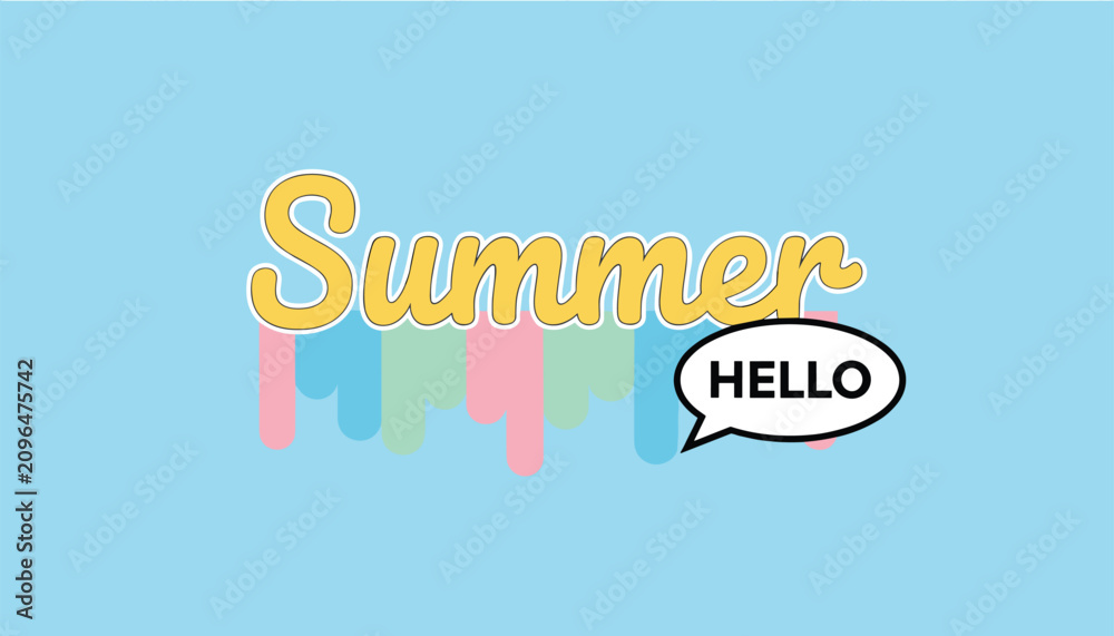 Obraz premium Summer hello typographic design with colorful melting drips and a speech bubble on a pastel blue background.