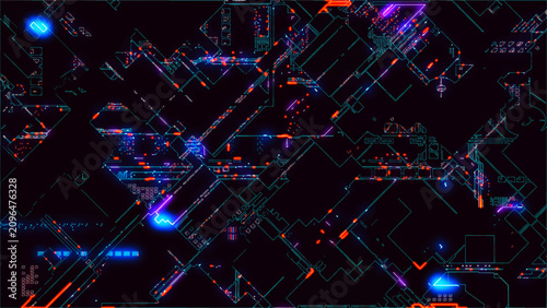 A digital circuit with neon lines, pulses, and glowing nodes against a dark background. The technological network evokes the structure of an electronic circuit board, the flow of data, and the