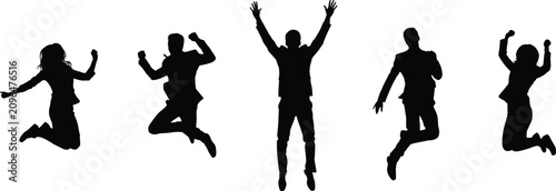 Tableau sur toile Five Silhouettes of People Jumping in Celebration on White Background success ha