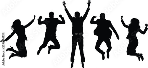 Fotografija Five Business People Silhouettes Jumping With Joy On White Background success