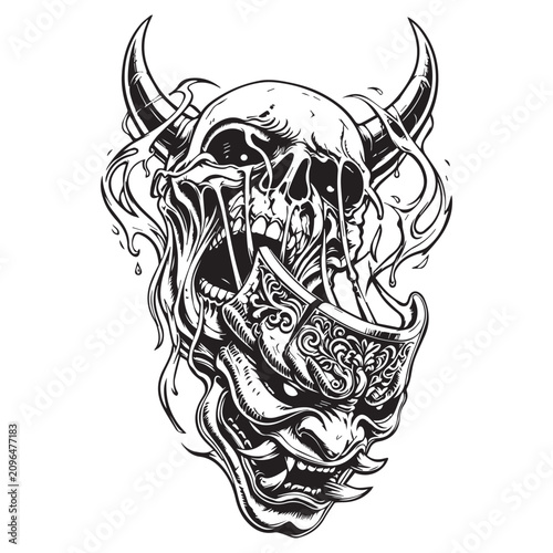 Konstfotografi Demonic skull and samurai mask emblem with black and white