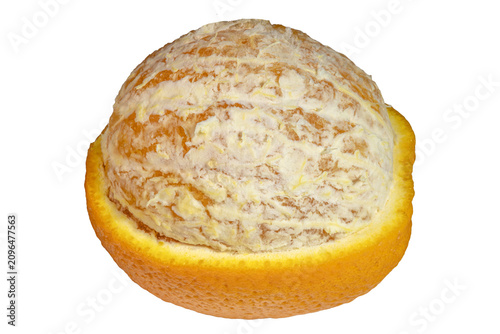 Partially peeled citrus orange fruit showing textured rind and pulp
