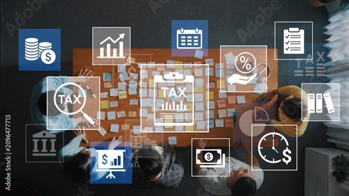 Foto Business Meeting on Tax Planning with Financial Charts, Icons, and Collaboration in Modern Office Space