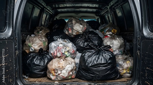 Interior view of a cargo van filled with stuffed plastic trash bags