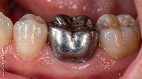 Extreme close-up of a human molar with a metallic dental crown
