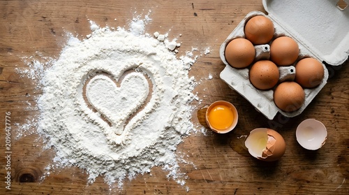 Heart shape drawn in white flour with brown eggs on wooden table