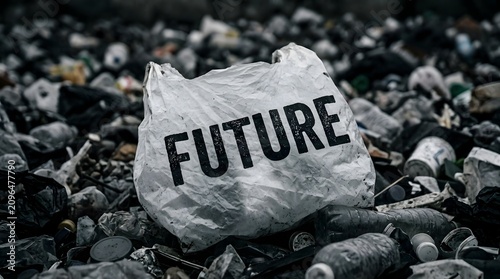 Crumpled white plastic bag with future text in a landfill