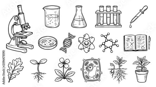 Science laboratory and biology education sketch vector set with microscope beaker flask test tube dna and plant botany icons