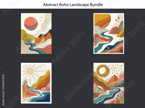 Cuadro en lienzo Colorful Abstract Boho Style Mountain River Landscape Art Design