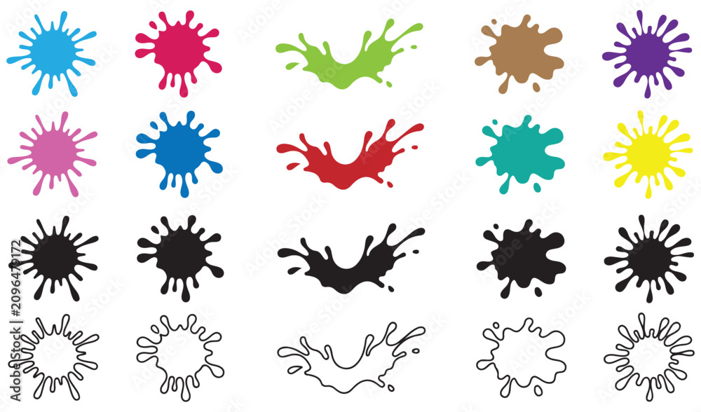 Fototapeta premium Colorful Paint Splash Vector Set, Ink Splatter Icon Collection, Paint Splat Clipart Bundle, stock vector, icon set, splash vector