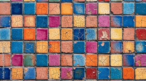 Colorful Cracked Ceramic Tile Background with Vintage Weathered Mosaic Pattern for Abstract Wall Design