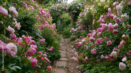 Vibrant Floral Pathway: A Tranquil Garden Escape with Pink Roses and Lush Greenery
