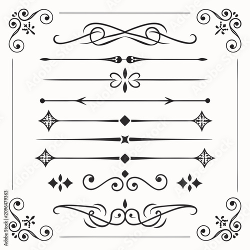 Vintage typographic text dividers and corner frames set with elegant filigree scrolls and decorative diamond motifs for classic page layout design elements isolated on white background style.