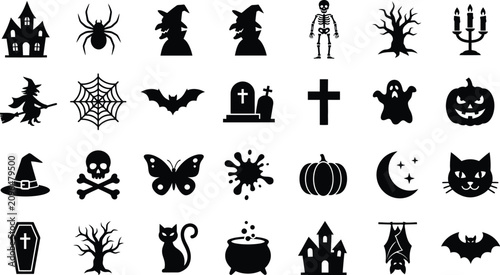 Halloween Icons and Spooky Silhouettes Collection of Witch, Pumpkin, Bat, Ghost and Skeleton Symbols