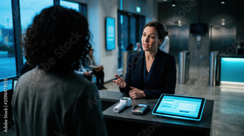 Professional Woman Interacting With Client At Modern Reception Desk