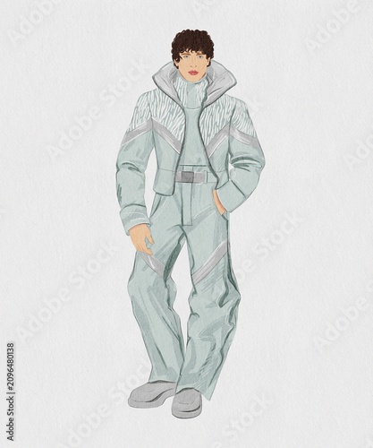 Fashion Illustration of Stylish Man in Pistachio Green Color Winter Sports Outfit