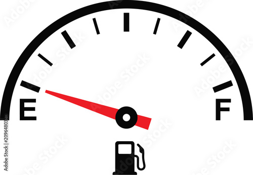 A minimalist fuel gauge icon featuring a bright red needle pointing towards the empty mark on a clean white background for modern automotive dashboard design concepts.