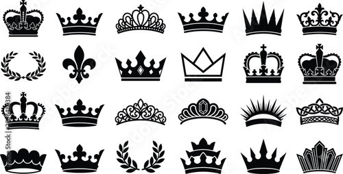 Tablou pe pânză Royal crowns and tiaras black silhouette icons set vector collection for luxury