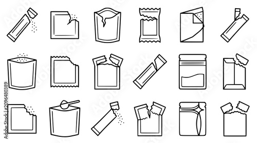 Flexible packaging line icon set featuring open torn stick packs sachet pouches sugar packets zip bags container wrap symbols interface design
