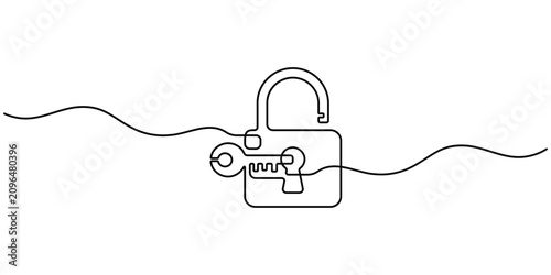 Padlock with key in continuous line drawing style for cybersecurity branding