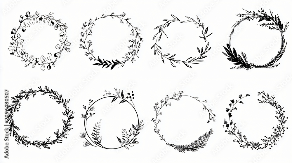 Fototapeta premium Elegant Black White Floral Wreath Designs Vector Illustrations For Digital Art Projects