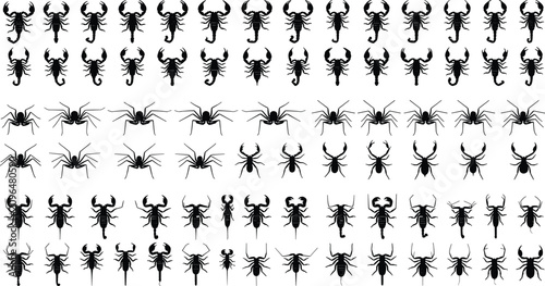 Bild auf Leinwand Scorpion and Spider Silhouette Vector Set of Creepy Crawly Insects for Halloween