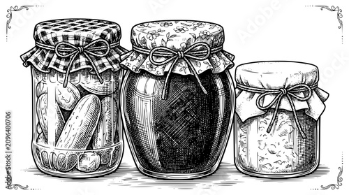 Fotografie Vintage glass mason jars hand drawn sketch collection featuring pickled cucumber