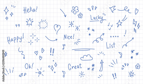 Hand-drawn blue ink doodle set with stars, hearts, arrows, flowers, and handwritten words on a white grid paper background