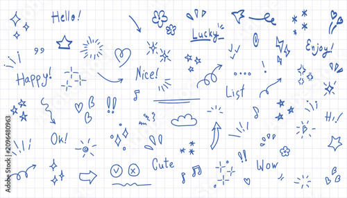 Hand-drawn blue ink doodle set on white grid paper, featuring stars, hearts, arrows, sparkles, flowers, and handwritten words like happy, lucky, and wow