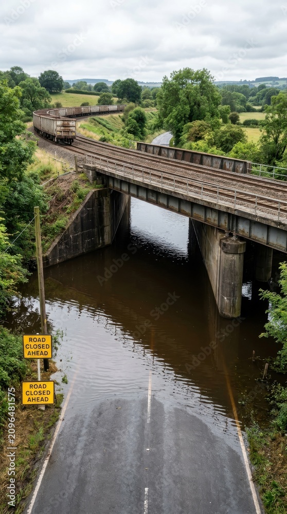 Fototapeta premium Freight train on a railway bridge over a flooded road