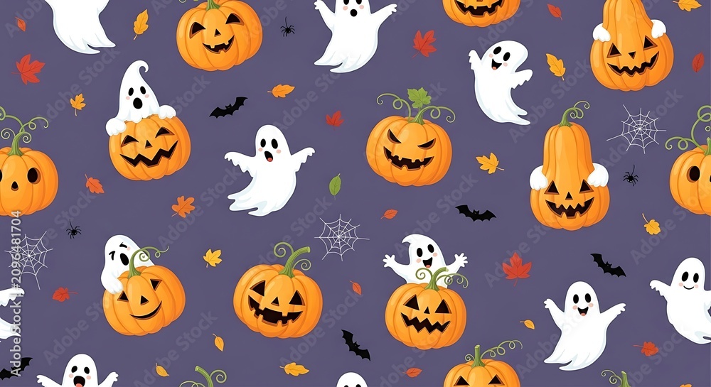 Fototapeta premium Halloween pattern jack o' lanterns ghosts spiders and fall leaves