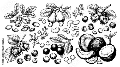 Foto Hand drawn nuts and seeds vintage sketch collection featuring coconut cashew alm