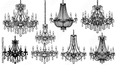 Konstfotografi Elegant crystal chandeliers vector collection featuring vintage hanging ceiling