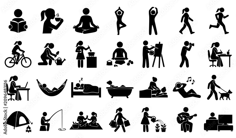 Fototapeta premium Black silhouette lifestyle and leisure icon set with relaxation daily routines hobbies wellness and everyday activity symbols isolated on white background
