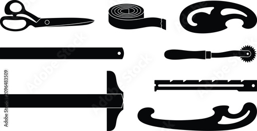 Canvas-taulu Tailoring and dressmaking sewing tools black silhouette icons vector set featuri