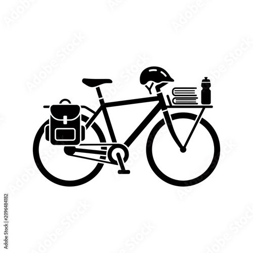 Tableau sur toile Bicycle touring gear setup with pannier backpack books helmet and water bottle b