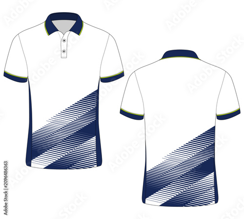 Sporty Polo Shirt Mockup Template with Navy Blue and White Sublimation Geometric Diagonal Stripes Design for Corporate Uniform, Team Jersey, and Activewear Graphic