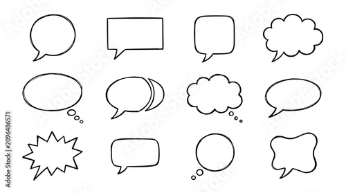 Minimalist hand drawn comic speech bubble icon set featuring thought clouds, communication talk balloons, and sketch chat boxes for interface design