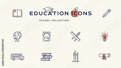 Set of minimalist school and education icons featuring academic tools and symbols for educational projects