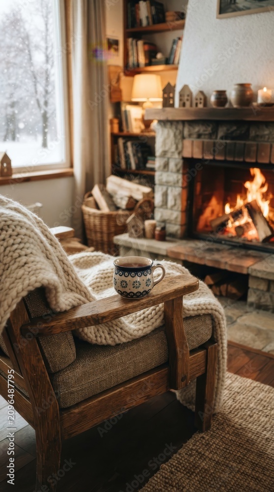 Obraz premium Cozy rustic armchair with wool blanket and mug by a fireplace in winter