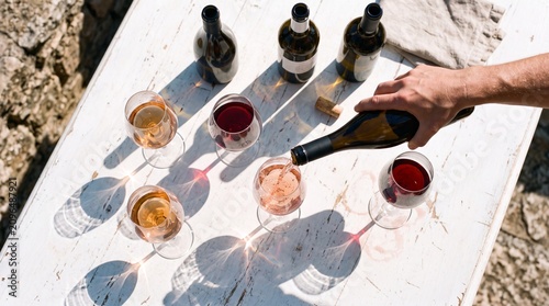 Outdoor Wine Tasting Experience: A hand pours wine into a glass from a bottle, surrounded by several other wine glasses filled with white and red wine, as well as a few wine bottles.