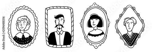 Foto Collection of hand drawn portrait illustrations featuring diverse people inside vintage decorative frames