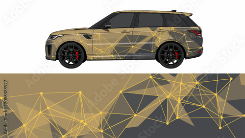 Gold SUV with polygonal tech mesh vinyl wrap design.