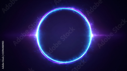 Glowing Circle Ring Blue Purple Neon Light Particles Energy Magic Portal Abstract Futuristic Dark Background
