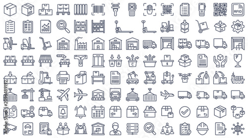 Logistics and Supply Chain Management Line Icons Set